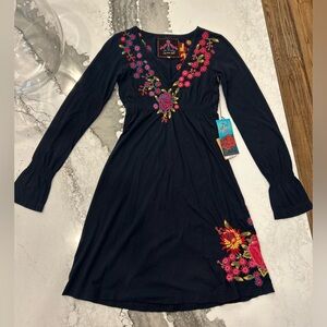 Johnny Was Black Long Sleeve Embroidered Floral Dress